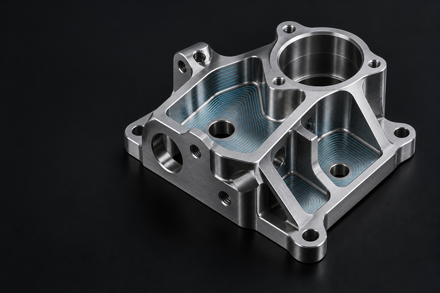 Concept illustration of an aluminium milling part with toolpath lines